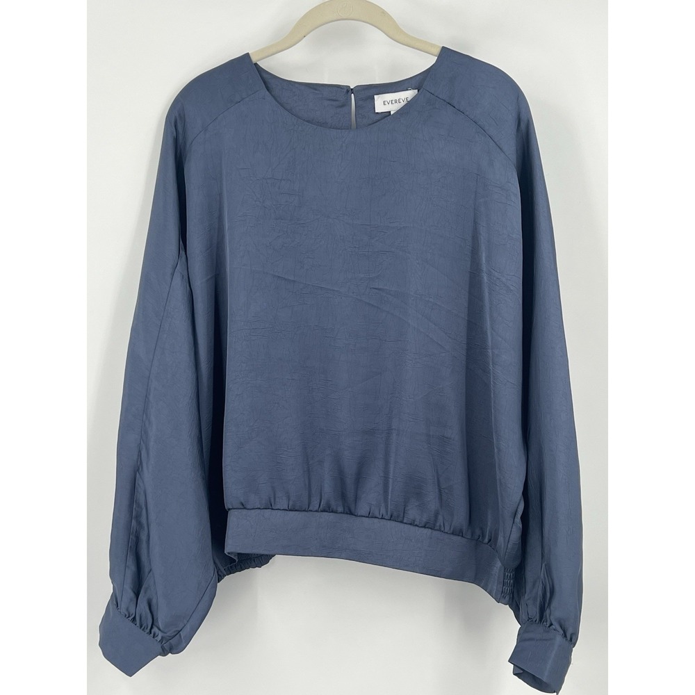 Evereve Women's Size Large Satin Crinkle Slate Blue Top Balloon Dolman Sleeve